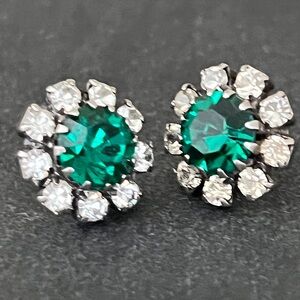 Vintage Emerald Green Rhinestone Halo Sunburst Stud Earrings